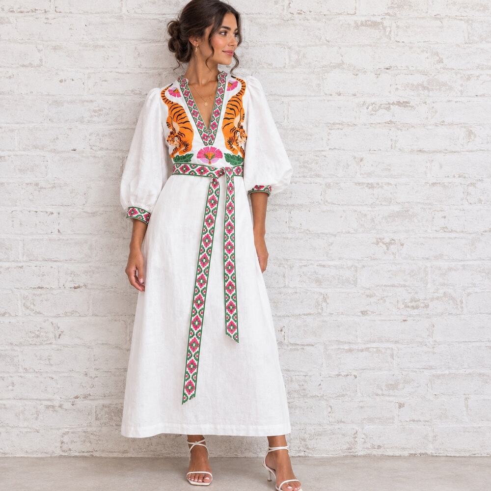 Boden Octavia Linen Blend Midi Dress Women’s Size 6 Long Embroidered Tiger Boho